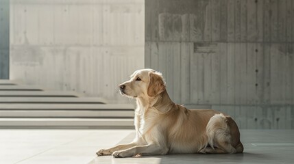 b'Golden Retriever Dog Lying on Concrete Floor'