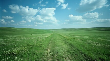 b'The vast grassland scenery under the blue sky and white clouds'