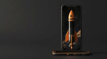 Rocket illustration on iphone cell phone screen, black background. Generative AI hyper realistic 
