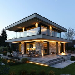 Modern two-story house with flat roof and large terrace