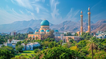Muscat's skyline with Sultan Qaboos Grand Mosque and modern buildings, clear sunny day,...