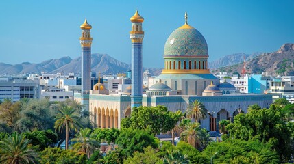 Muscat's skyline with Sultan Qaboos Grand Mosque and modern buildings, clear sunny day, high-definition, no glare, --ar 16:9 --stylize 250 Job ID: 7fdb8a17-33b3-48d5-a14d-997196872fbe