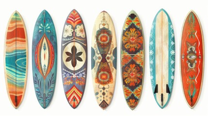 Surfboard collection with various designs and patterns