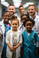 Obraz premium b'Group of diverse children and young adults dressed as doctors and nurses'