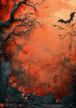 b'Black bats flying in front of a full moon on Halloween night'