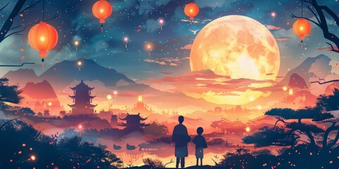 b'A boy and his father are standing on a hill and looking at the full moon' - obrazy, fototapety, plakaty