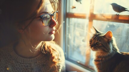 b'A young woman and a cat are looking out the window' - obrazy, fototapety, plakaty