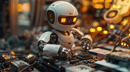 Fototapeta premium Electrical engineer bot meticulously assembles parts in an electronics factory.