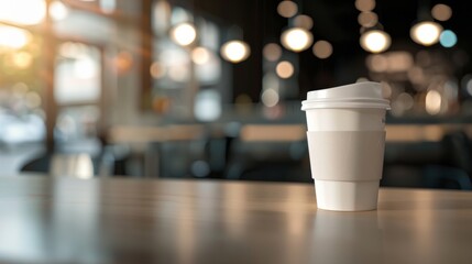 Disposable coffee cup on cafe table with blurred lights background