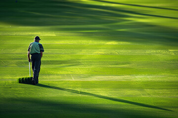 A lone groundskeeper meticulously grooming the pitch, ensuring every blade of grass is perfect.