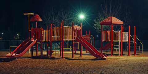 Deserted Playground A Nighttime Scene with a Red Slide and Other Play Equipment in View