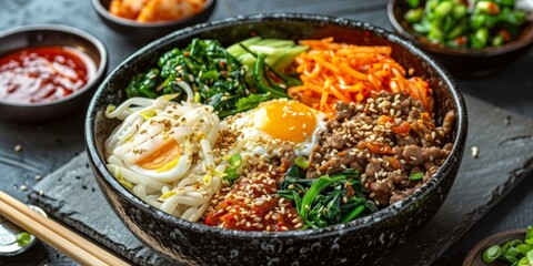 A bowl of delicious Korean bibimbap with various side dishes