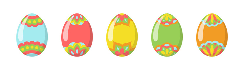 Vector Easter Eggs with colorful floral ornaments. Cartoon eggs with highlights and shadow