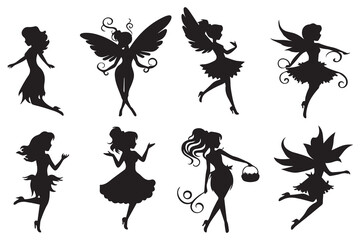 Set of silhouettes Magical fairies in the cartoon style vector
