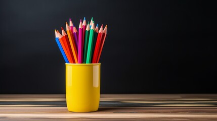 Fototapeta premium School Desk with Colorful Pencils, Glasses, Chalkboard in Background