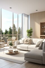 Fototapeta premium b'Bright airy living room with large windows and a comfortable couch'