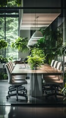 Fototapeta premium b'Modern office interior with large windows and green plants'