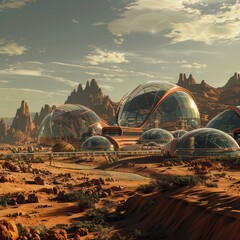 A futuristic city on Mars with glass domes and a beautiful landscape