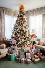 b'A beautifully decorated Christmas tree stands in a living room.'
