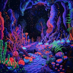 A glowing alien landscape with neon plants and flowers.