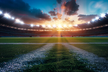 The football stadium aglow with vibrant floodlights, casting dramatic shadows across the pitch.