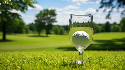 b'Golf ball in a wine glass on the green'