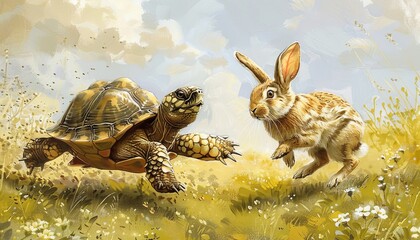 Fun clipart of a turtle slowly winning a race against a rabbit suitable for motivational posters in classrooms
