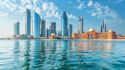 Abu Dhabi's skyline with modern skyscrapers and Emirates Palace, clear day, high-definition, no glare, --ar 16:9 --stylize 250 Job ID: 7a438f42-bb0d-4aba-bed8-6b61f359c9d1