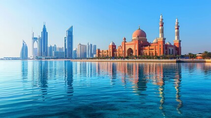 Abu Dhabi's skyline with modern skyscrapers and Emirates Palace, clear day, high-definition, no...