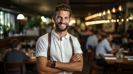 b'Handsome waiter in a restaurant'