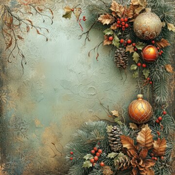 b'Christmas background with a beautiful poinsettia, holly, pine cones and Christmas balls'