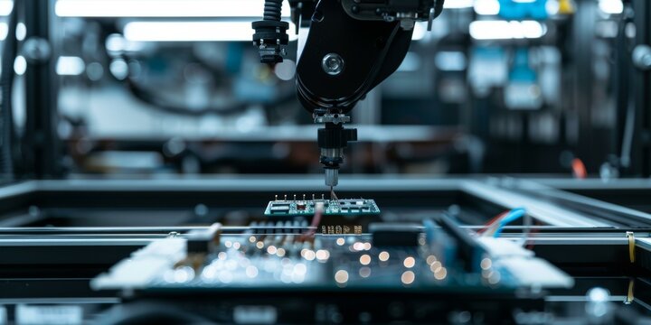 b'Robotic arm soldering electronic components on a circuit board in a factory'