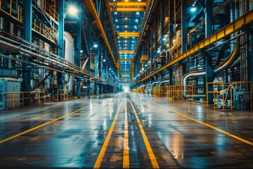 b'An empty factory building with blue and yellow lights' - obrazy, fototapety, plakaty