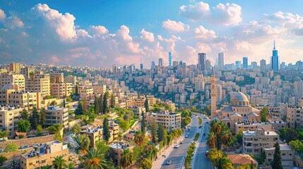 Amman's skyline with Citadel and modern architecture, clear day, high-definition, no glare, --ar...