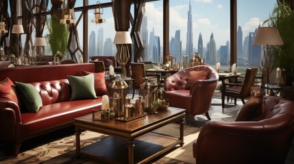b'luxurious living room interior with a view of the dubai skyline'
