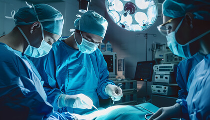 A group of surgeons are performing a surgery. Scene is serious and focused. The surgeons are wearing blue scrubs and gloves, and they are using surgical instruments to operate on a patient