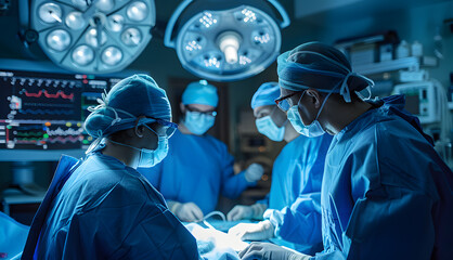 A group of surgeons are performing a surgery in a brightly lit room