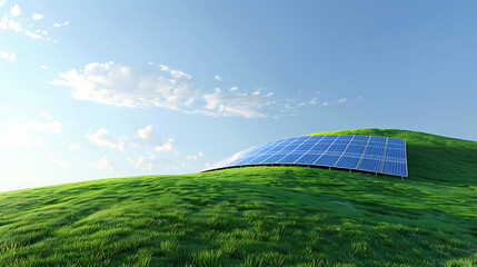 A verdant hillside blanketed with rows of solar panels under a clear blue sky, with wind turbines lining the horizon, all basking in the brilliance of the sun's rays