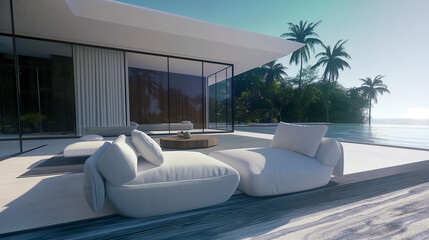 Living room in modern style with lake view