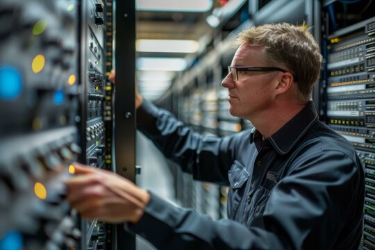 b'A technician in a server room'