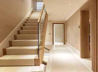 Beautiful oak staircase in a modern house with a glass balustrade