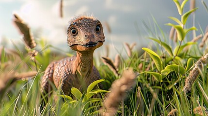 A lone baby amargasaurus wandering curiously among tall grasses