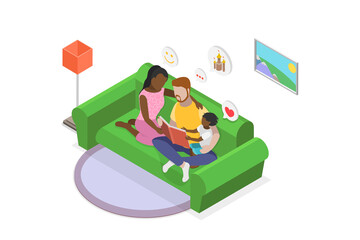 3D Isometric Flat  Illustration of Family Reading Story, Positive Emotions and Good Mood