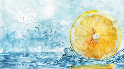An artistic rendition of a lemon slice dipping into water