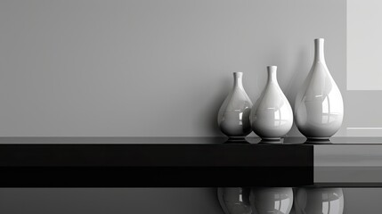 Glossy white ceramic vases on a black reflective shelf - obrazy, fototapety, plakaty
