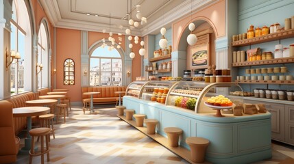 b'European style coffee shop interior design with pink and blue pastel color scheme'