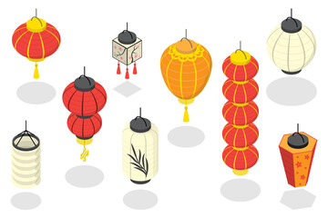 3D Isometric Flat  Set of Japanese Or Chinese Lanterns, Asian Holiday Elements