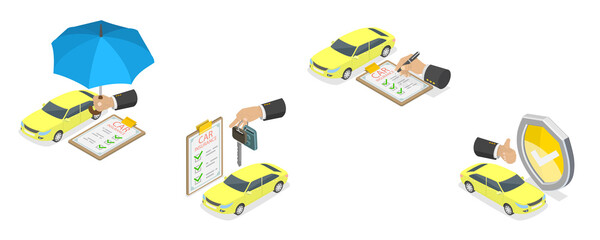 3D Isometric Flat  Illustration of Car Insurance, Automobile Protection, Security and Safety