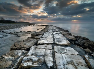 b'Stone jetty running into the sea at sunset'