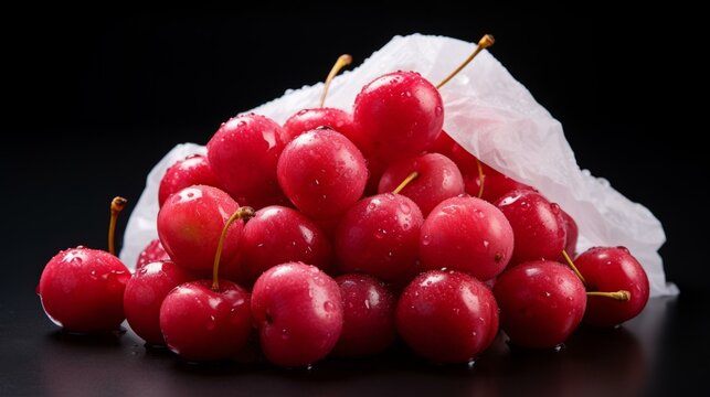 b'A pile of fresh red cherries with water drops on a black background'